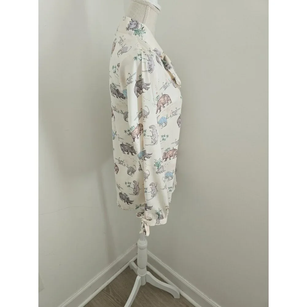 Modcloth Dinosaur Animal Print Miss Frizzle Ivory Bow Tie Button Up Blouse S Top - Picture 9 of 11